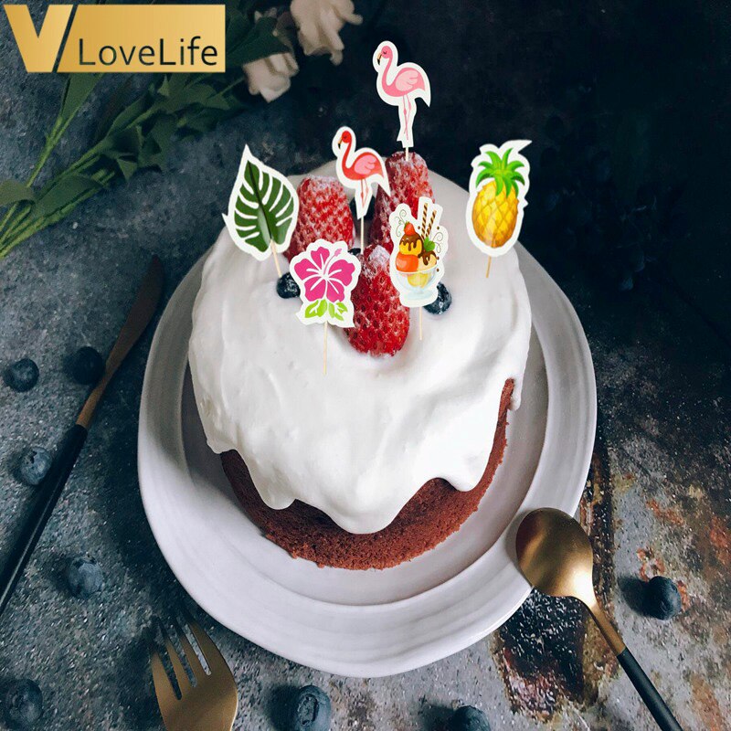 24pcs/lot Flamingo Cake Toppers Pineapple Flower Leaves Summer Birthday Party Decor Cupcake Topper Hawaiian Tropical Wedding