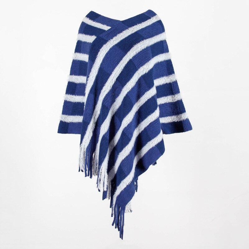 Autumn winter striped Cloak shawl Pullover knitted sweaters women Fringed cloak shawl Fur shawl fringed cape knit sweaters women: Blue