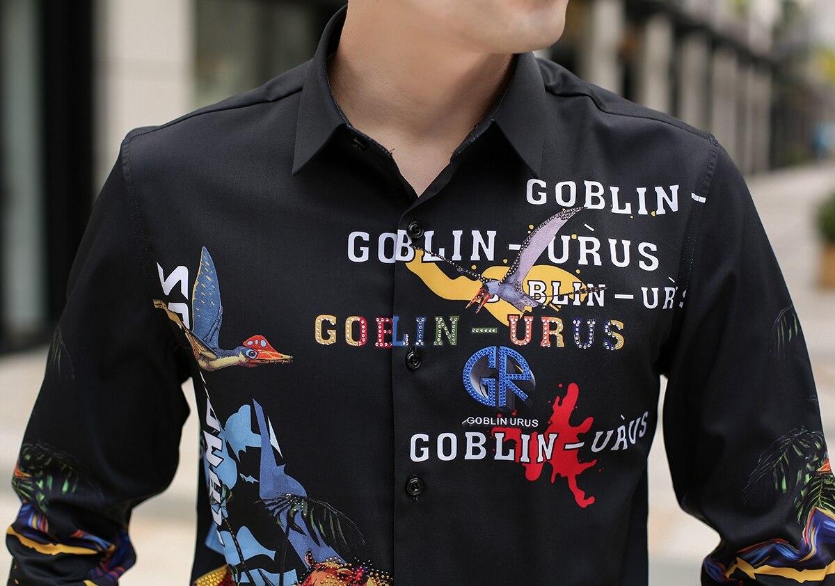 Camisetas con estampado Digital de diamantes de imitación para hombre, camisa de manga larga ajustada informal, ropa de calle para hombre, Tops sociales