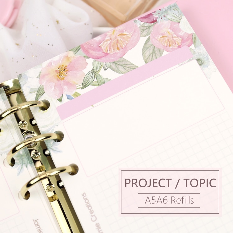 Mypretties pink blomstret emne genopfyldningspapirer 40 ark  a5 a6 udfyldningspapirer til 6 hullers binder organizer notesbog papirer til planlægger