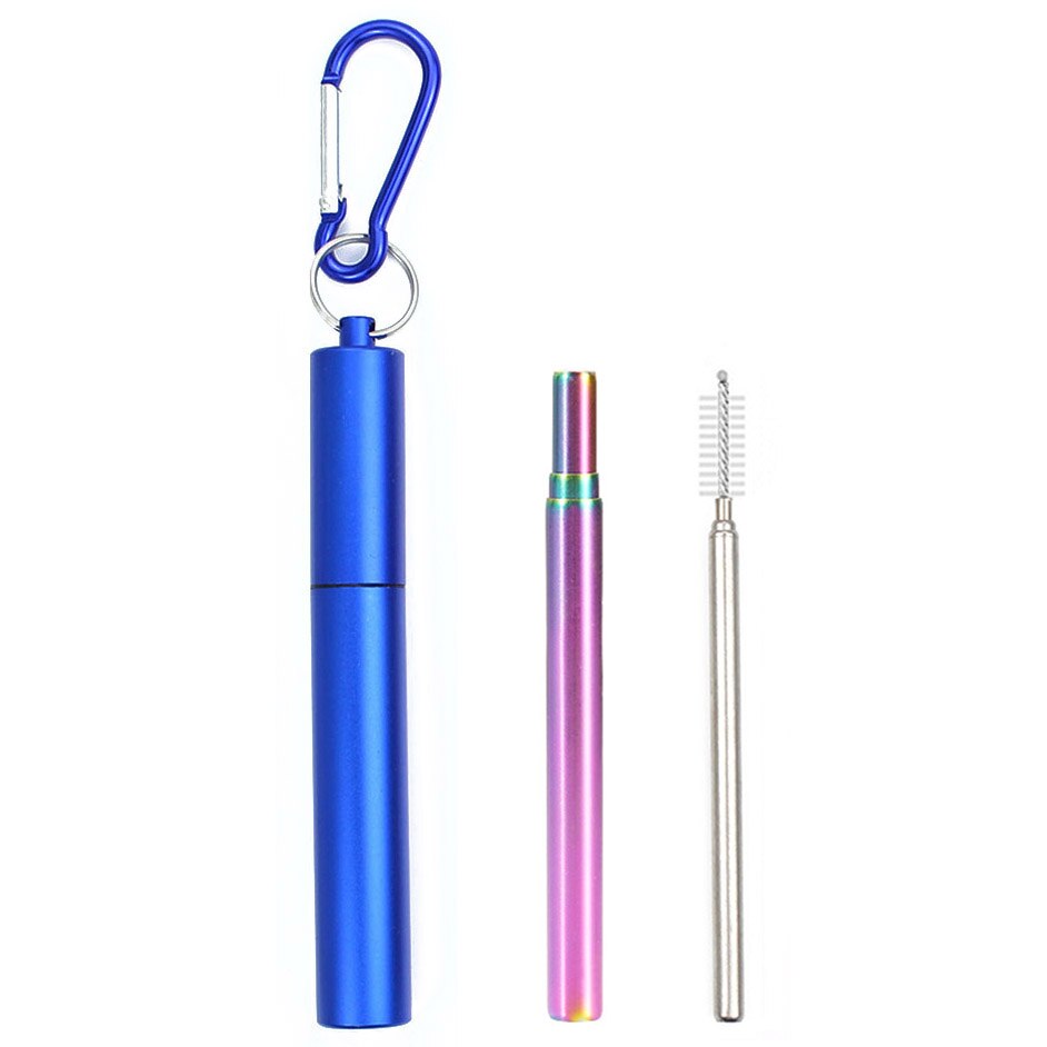 Draagbare Inklapbare Eco Vriendelijke Opvouwbare Rvs Straw Herbruikbare Metalen Stro Met Case Brush Drinken Bar Accessoires: Blue1-level