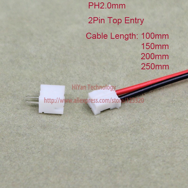 50 sæt mini micro  ph2.0 jst 2.0mm pitch 2 pinconnector med 1007 26 awg 100mm 150mm 200mm 250mm elektronisk wire kabel pin header