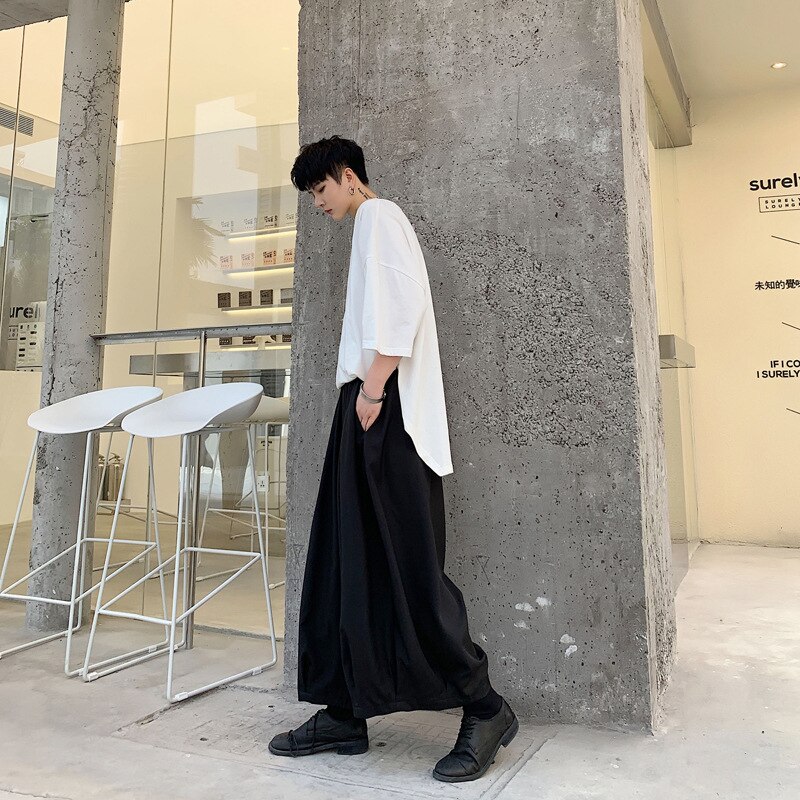 Calças de samurai japonês masculino solto ajuste pantskirt perna larga calças de cintura elástica preto