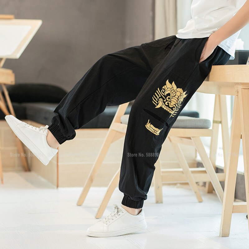 Homme Dragon broderie Style chinois coton lin Bloomers hommes décontracté large jambe pantalon sarouel japonais Streetwear