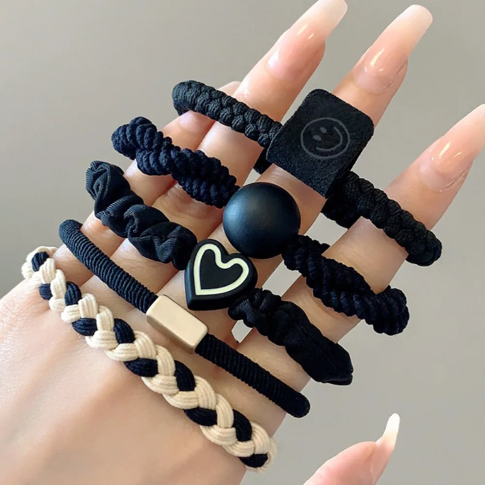 5pcs/Set Simple Heart Ball Charms Scrunchie No Damage Elastic Braided Hair Ties Ropes Women Girls Ponytail Holder Rubber Bands