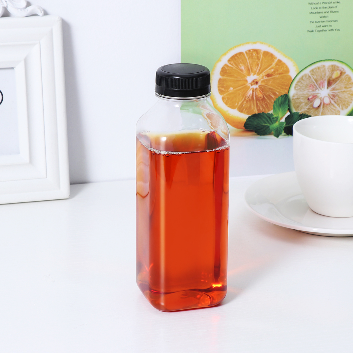 4PCS PET Plastic Empty Storage Containers Bottles with Lids Caps Beverage Drink Bottle Juice Bottle Jar (Black Caps)