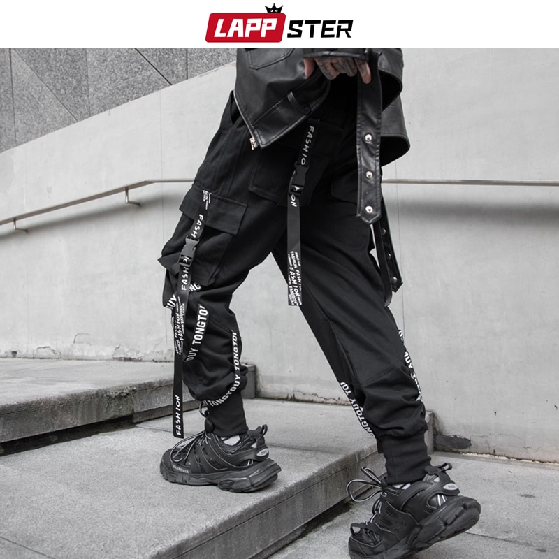 Lappster herr japansk streetwear cargo byxor herr band hip hop overall joggingbyxor man svart mode träningsbyxor