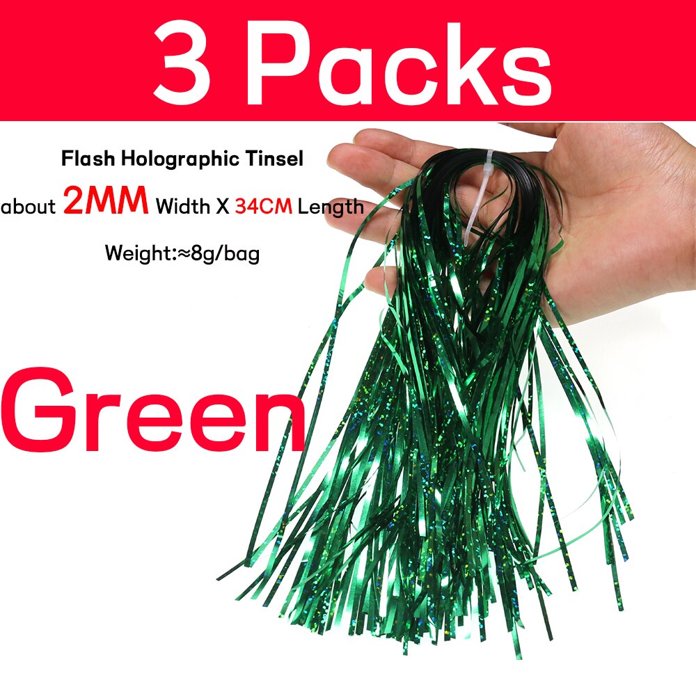 Wifreo 3Pack 2Mm Platte Flashabou Klatergoud Holografische Pike Bass Verse Of Zoutwater Streamer Fly Koppelverkoop Materiaal Crystal Flash strand: 3pack 2mm Green