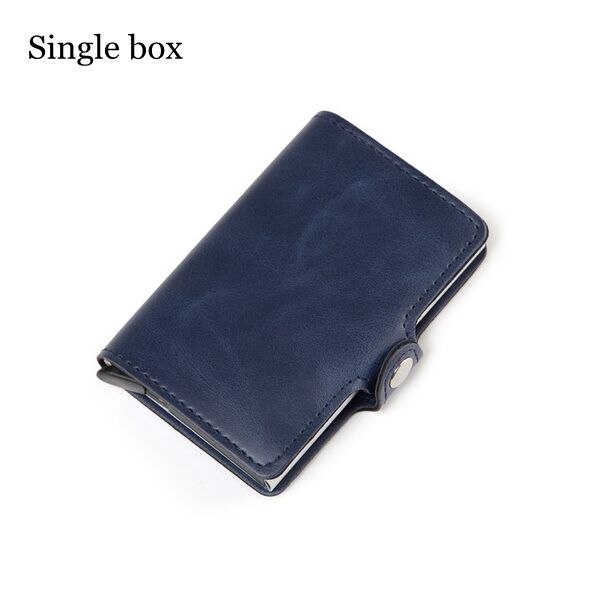 Women Rfid Wallet Metal Case Aluminum Double Box Leather Credit Card Holders for Men Slim Anti Protect Travel ID Cardholder: Single blue