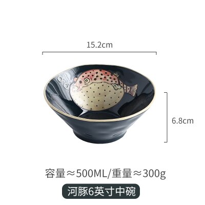 Japansk keramik handmålad katt globefish hushållssoppa nötkött lamian nudlar skål ramen retro sallad porslin tallrik porslin: 4