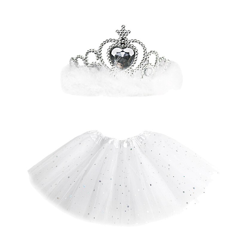 Baby nederdel pige prinsesse tyl nederdel ballet dance party mini med krone solid ball kjole stjerne print sommer 2 stykker pandebånd: Hvid
