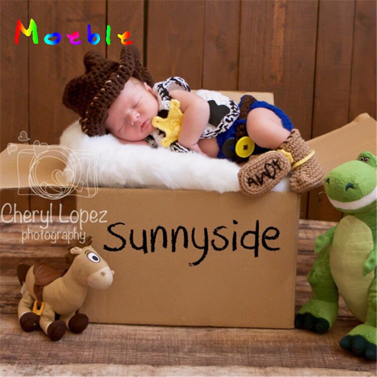 Moeble nyeste hæklede baby cowboy hat støvler sæt nyfødt foto rekvisitter til drenge spædbørn hæklet cowboy tøj sæt til jul