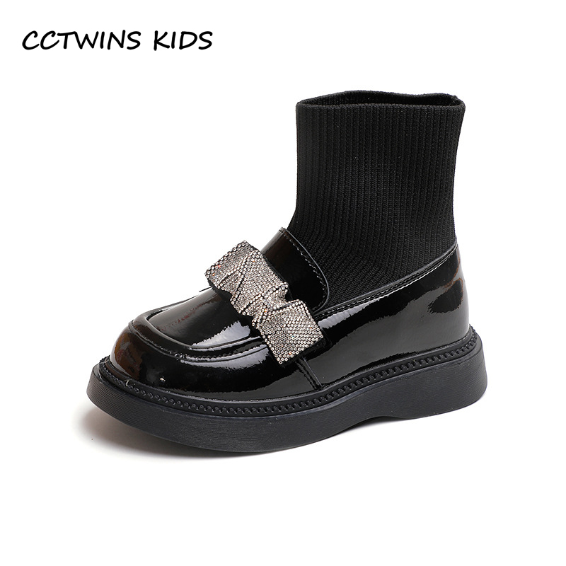 Girls Boots Autumn Kids Patent Black Short Chelsea Boots Rhinestone Children Shoes Brand Soft Thick Sole Platform