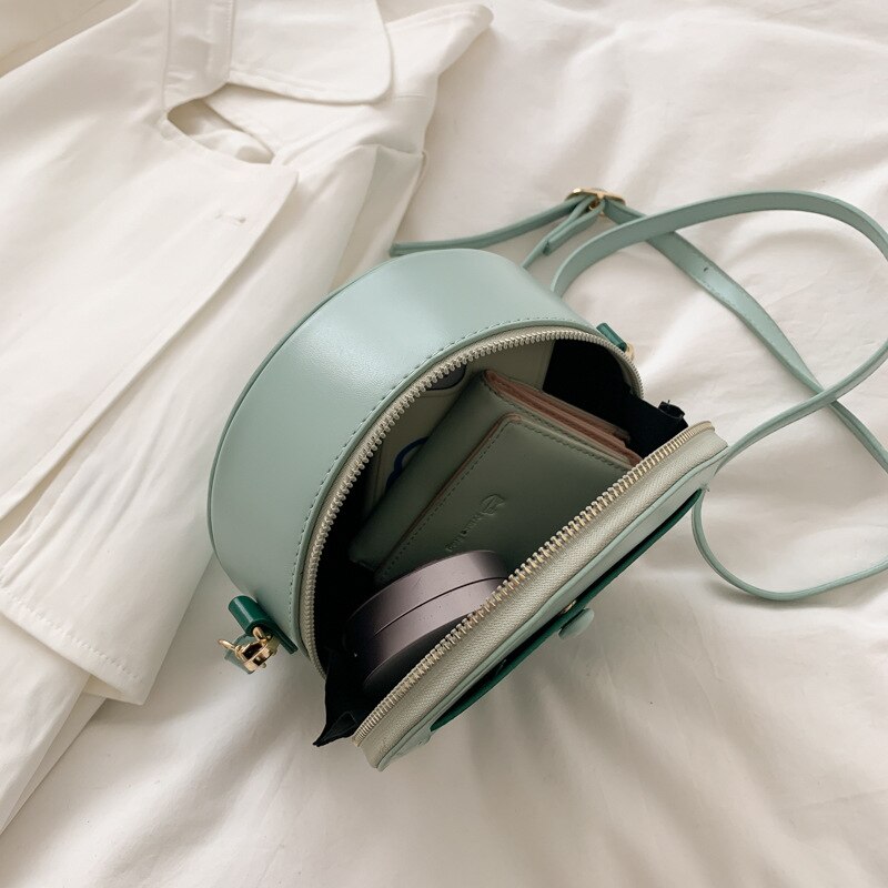 Small Round Shoulder Bag - PU Leather - Single Strap - Zipper Closure - Casual Tote