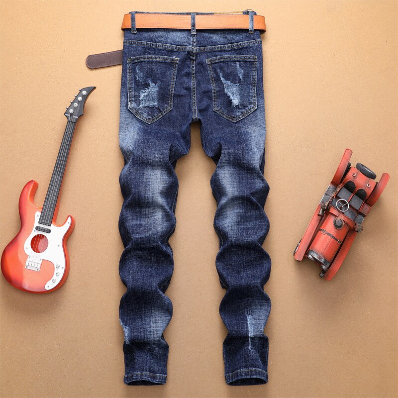Heren jeans slank gat skinny gerafelde streetwear denim broek hiphop jeans heren gescheurde kokerbroek