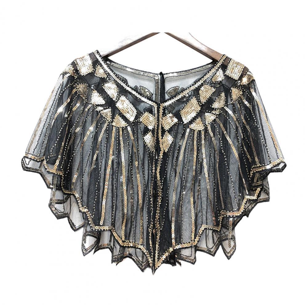 Scalloped High Beaded Sequin Short Top Women Cape See-through Women Shawl Decorative Women Accessories: Black  Gold