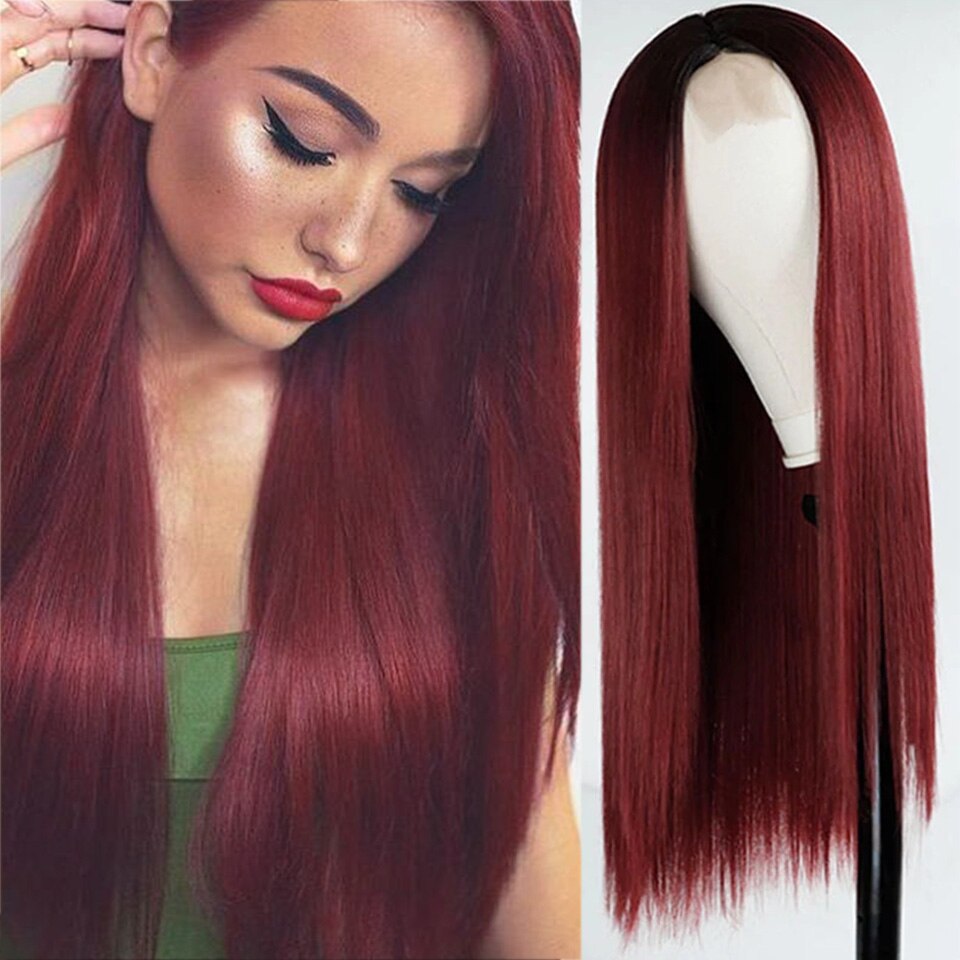 Peluca larga recta en negro y rojo, pelucas sintéticas para mujer, peluca de malla con división media Natural, peluca de fibra resistente al calor con aspecto Natural: 4/27HL