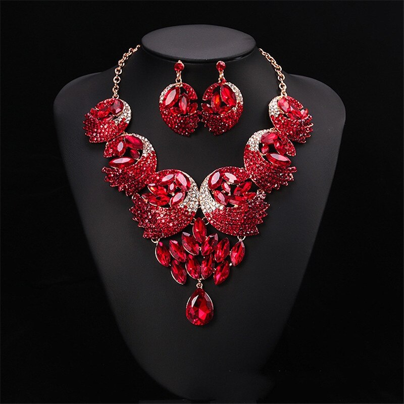 Luxe kleurrijke kristallen veer sieraden sets ketting oorbellen bruids bruiloft strass sieraden accessoires sets voor vrouwen: Rood