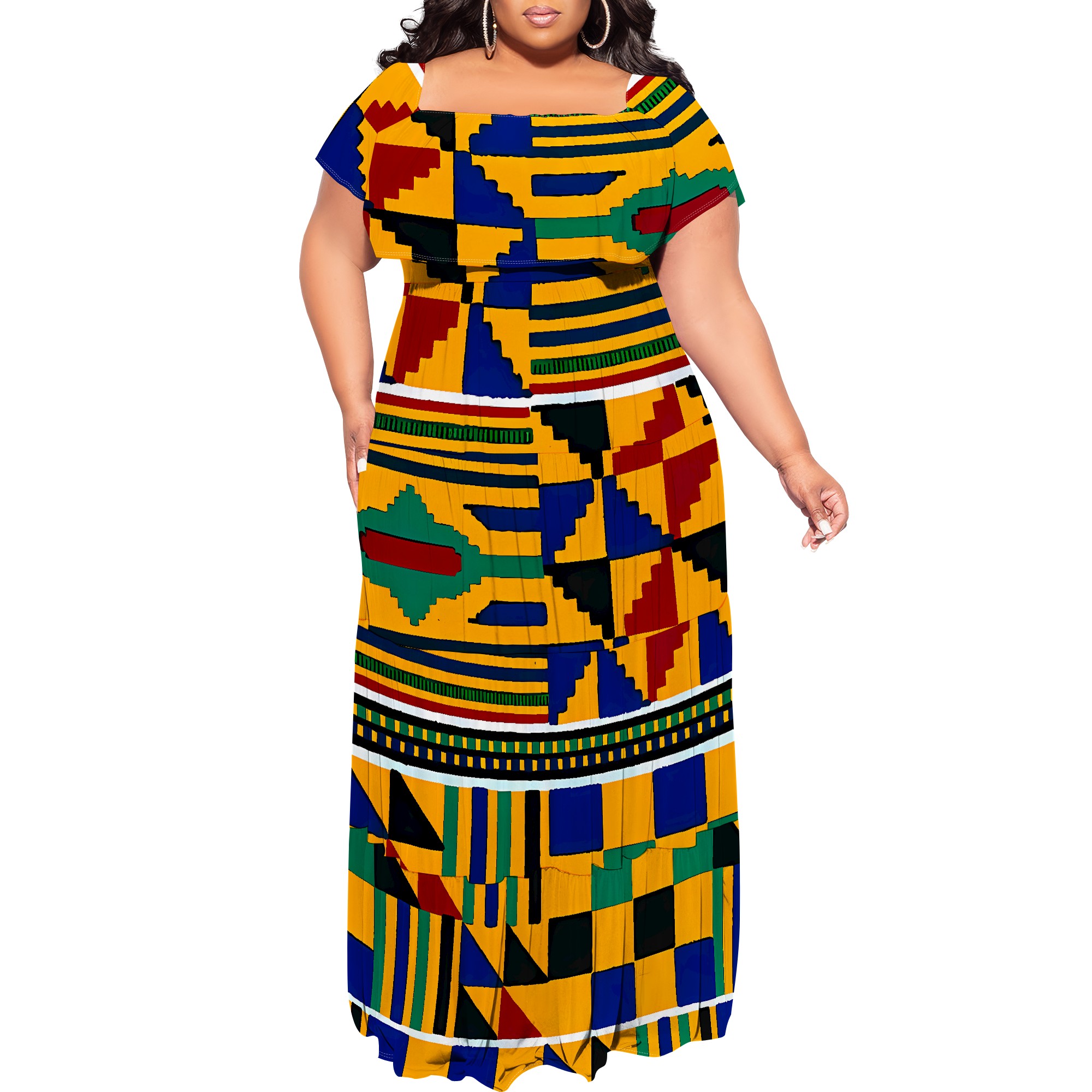 Afrikansk print off-shoulder maxikjole - boho tribal festtøj til kvinder