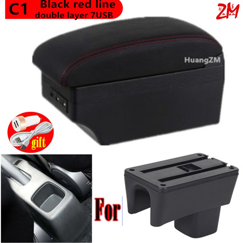 For Suzuki Swift Armrest Box For Suzuki Swift Car Armrest 2005-2022 car accessories interior storage Box Retrofit parts with USB: C1 black red line