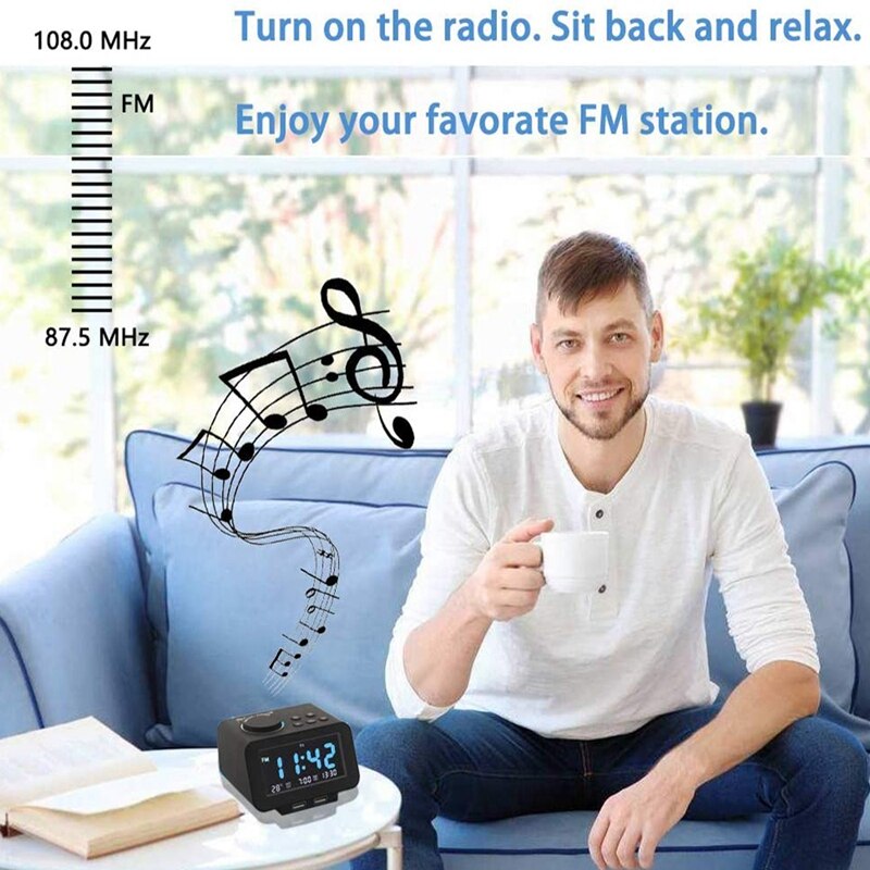 Smart Mute Multifunctional Black Electronic Alarm Clock LED Bedside Bedroom Radio Alarm Clock-EU Plug