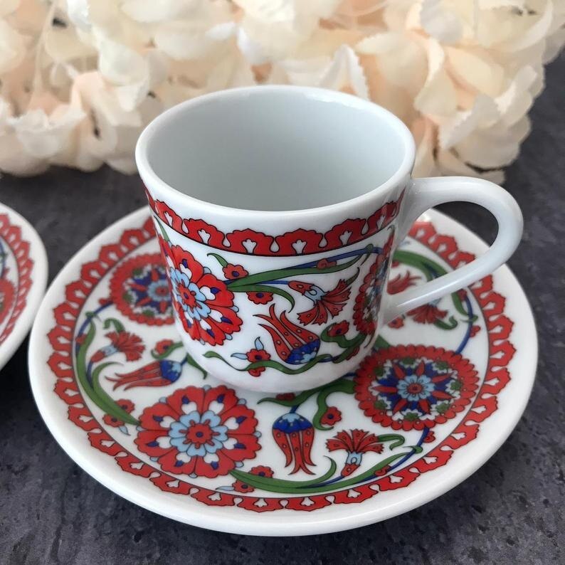 Juego de 2 tazas de porcelana de café turco, tazas de café de cerámica tradicional, la mejor decoración del hogar, de Espresso tgürk kahvsi: FLORAL 2