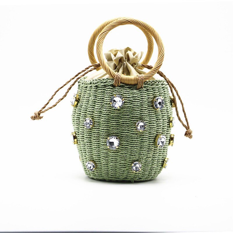 Sommer rund rattan håndlavet diamant perle taske boheme fritid strå taske spand strikning skulder crossbody perler strandtaske