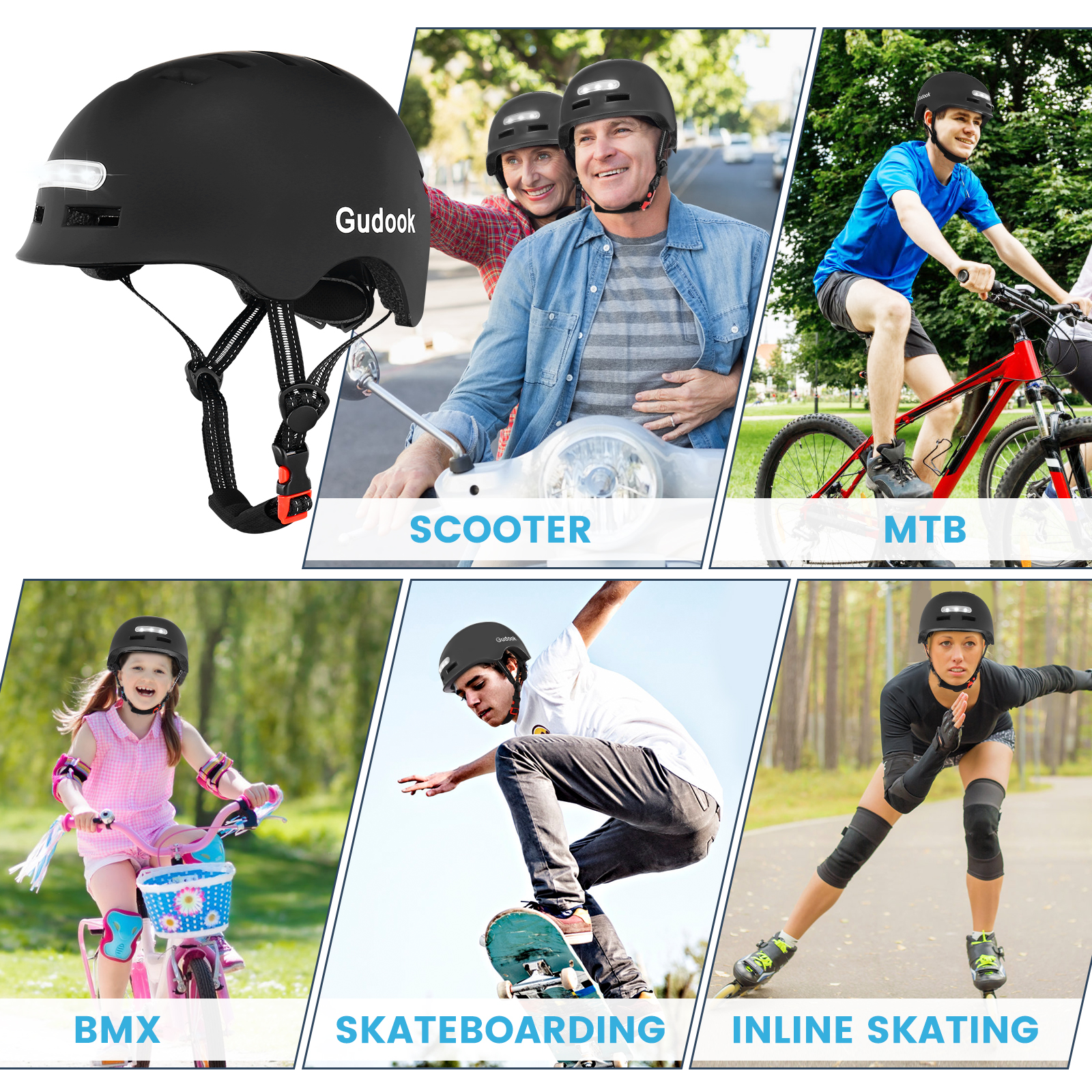 GUDOOK Adult Bike Helmet with Light - Bicycle Helmets Men - Women - Front and Back LED Lights for Scooter， Cycling, Skating