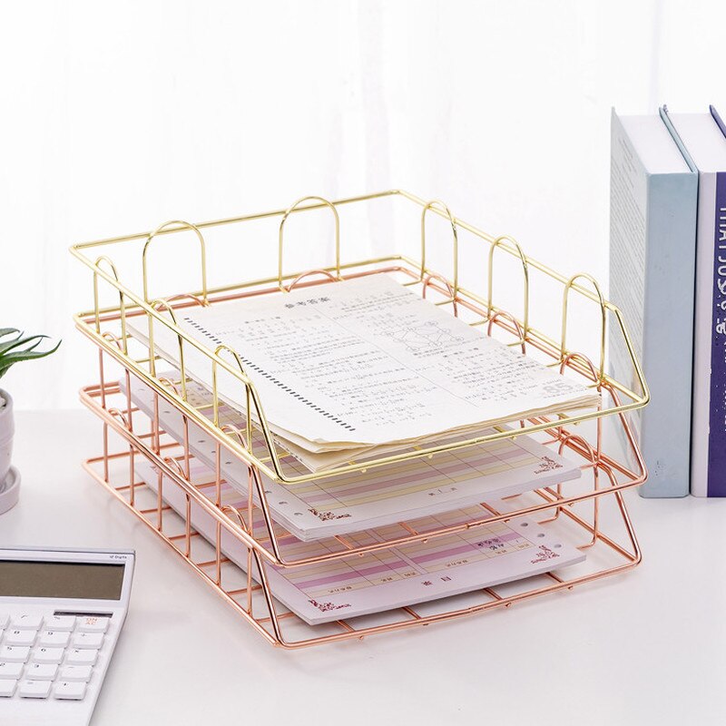Rose Gold Wrought Iron Storag Rack Magazine Book Holder Stand Metal Baskets Office Desktop File Organizer Cosmetic Storage Box