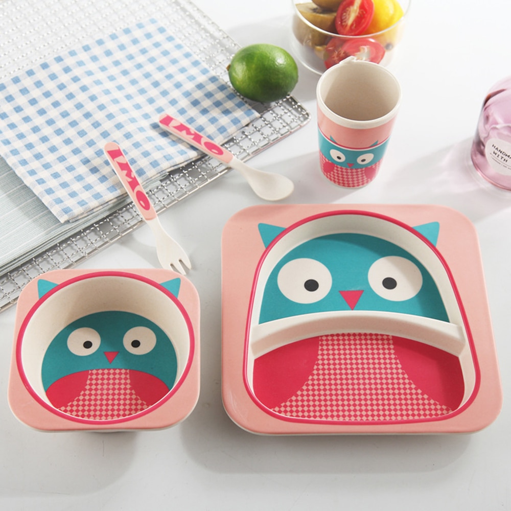 5pcs/sets Baby Dish Tableware Set Natural Bamboo Fiber Bowl With Cup Spoon Plate Fork Feeding Dishes for Kids Utensils