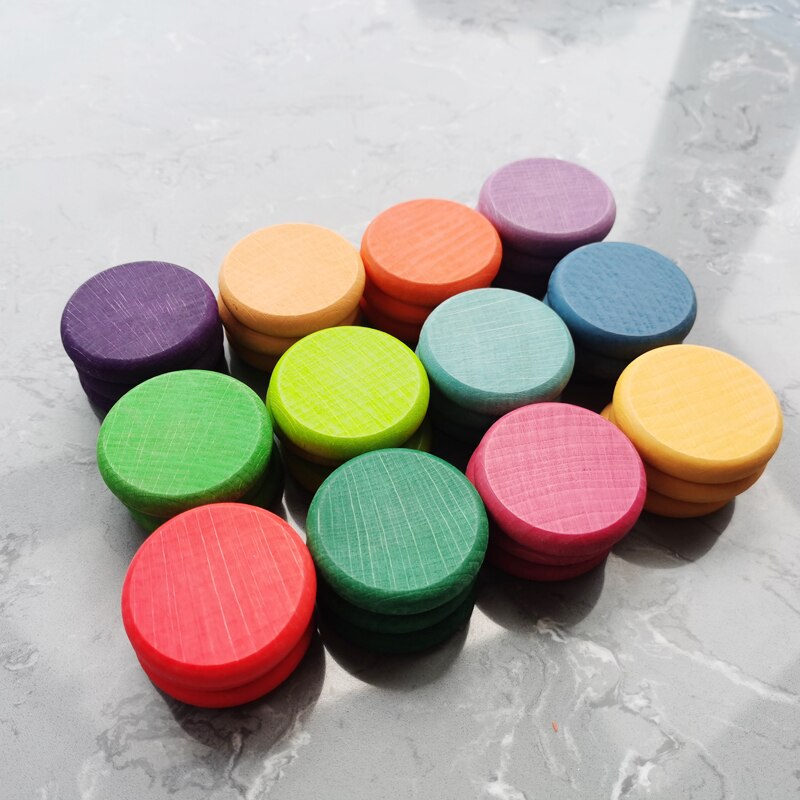 Juguetes de madera de 12 Colores para niños, monedas y anelli de arcoíris de haya, bloques apilables, piezas naturales s: plum