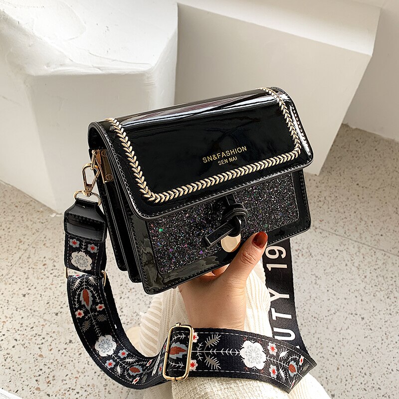 Damväska bred axelrem axelväska messenger bag casual dam crossbody-väska glänsande flik dam handväskor handväska: Svart