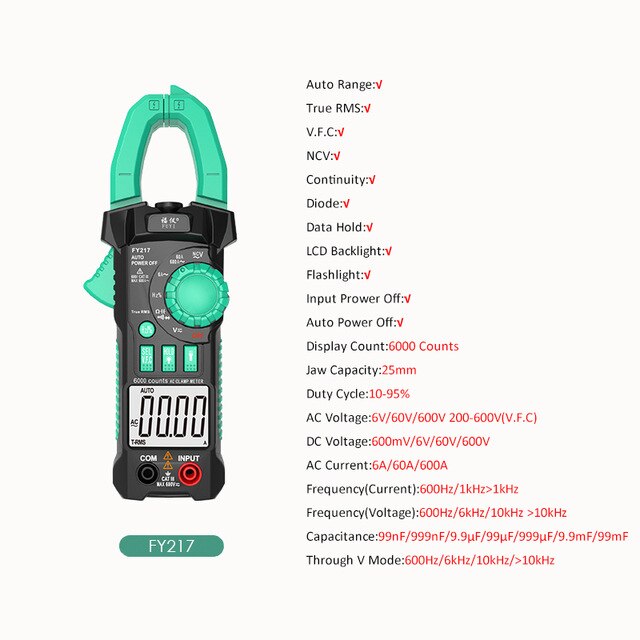Stroomtang, multimeter, gelijkstroom, wisselstroom, spanning, ncv, ohmmeter, ampèremeter, condensator, multimeter, automatisch bereik, meetinstrument, elektriciensgereedschap: Fy217