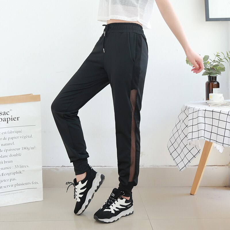 Women High Elastic Waist Running Pants Side Mesh Striped Patchwork Breathable Korean Style Sport Jogging Small Leg Open Trousers