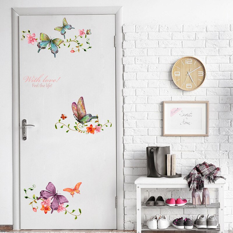 Vlinder Bloem Wijnstok Muurstickers Woonkamer Showcase Deur Home Decoratie Muurschilderingen Decals Achtergrond Vlinders Stickers