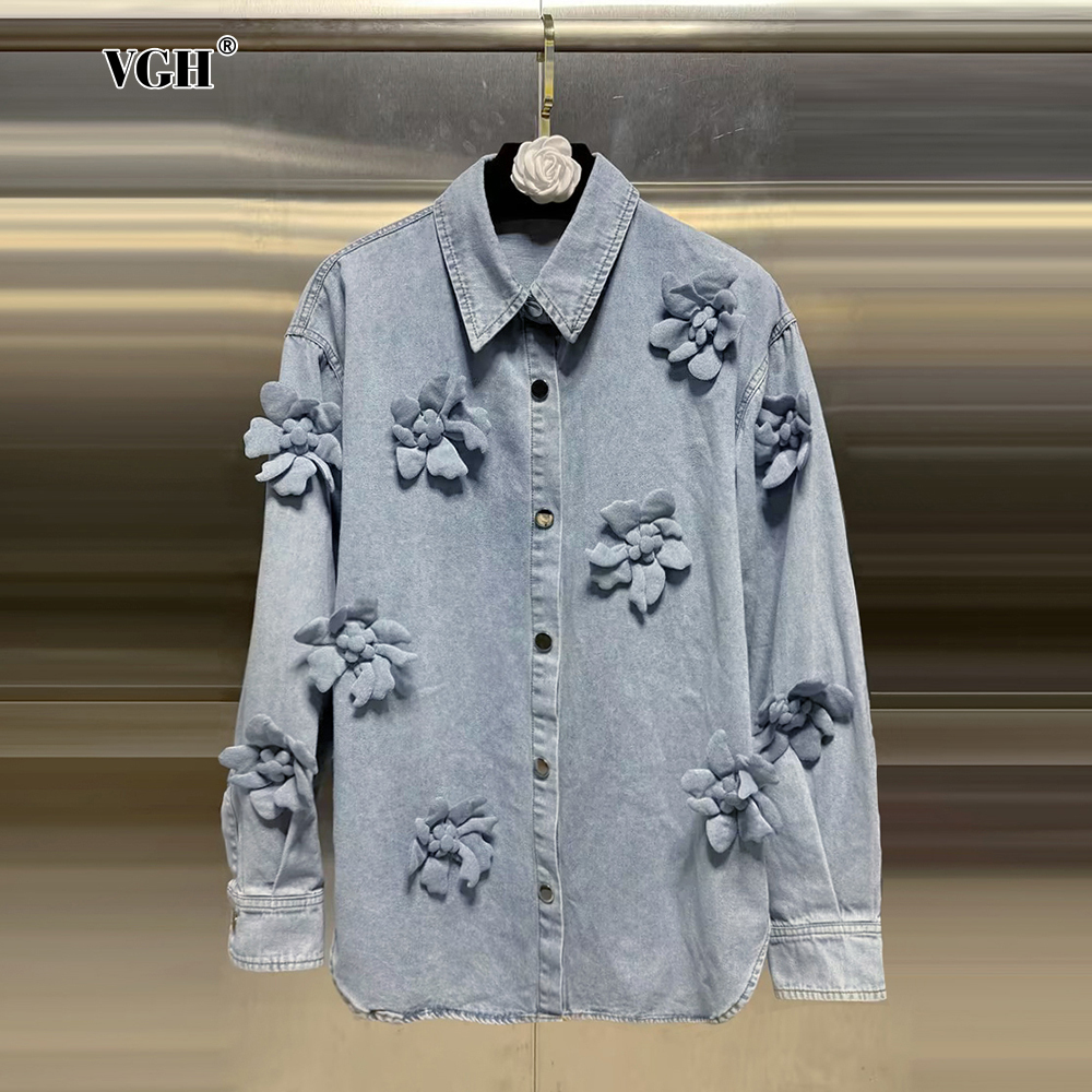 Vgh solide Patchwork Applikationen lässige Jeans jacken für Frauen Revers Langarm minimalist ischen losen Mäntel weiblichen Modestil