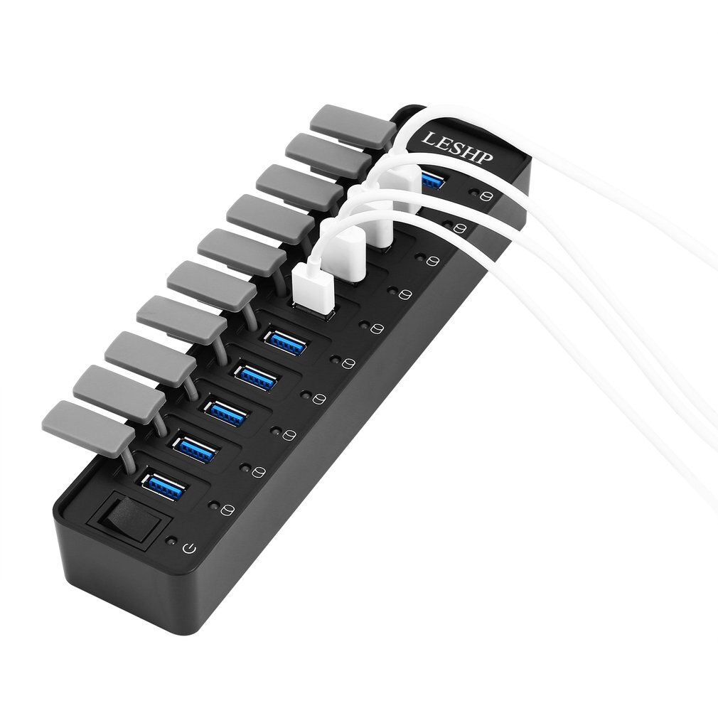 Leshp 10 Poorts Usb 3.0 Hub High Speed 5Gbps Usb 3.0 Data Hub Splitter Met Leds & Switch Externe power Adapter Voor Pc Laptop