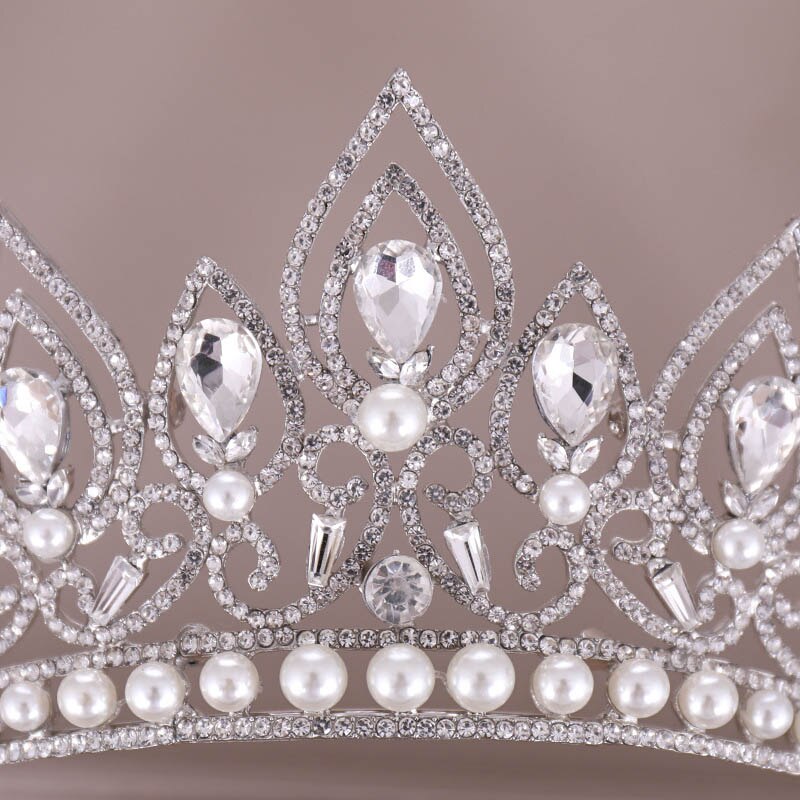 Mode Goud/Zilver Kleur Water Crystal Gesimuleerde Pearl Ronde Tiara Kroon Sieraden Voor Prinses Bruiloft Verjaardag Party