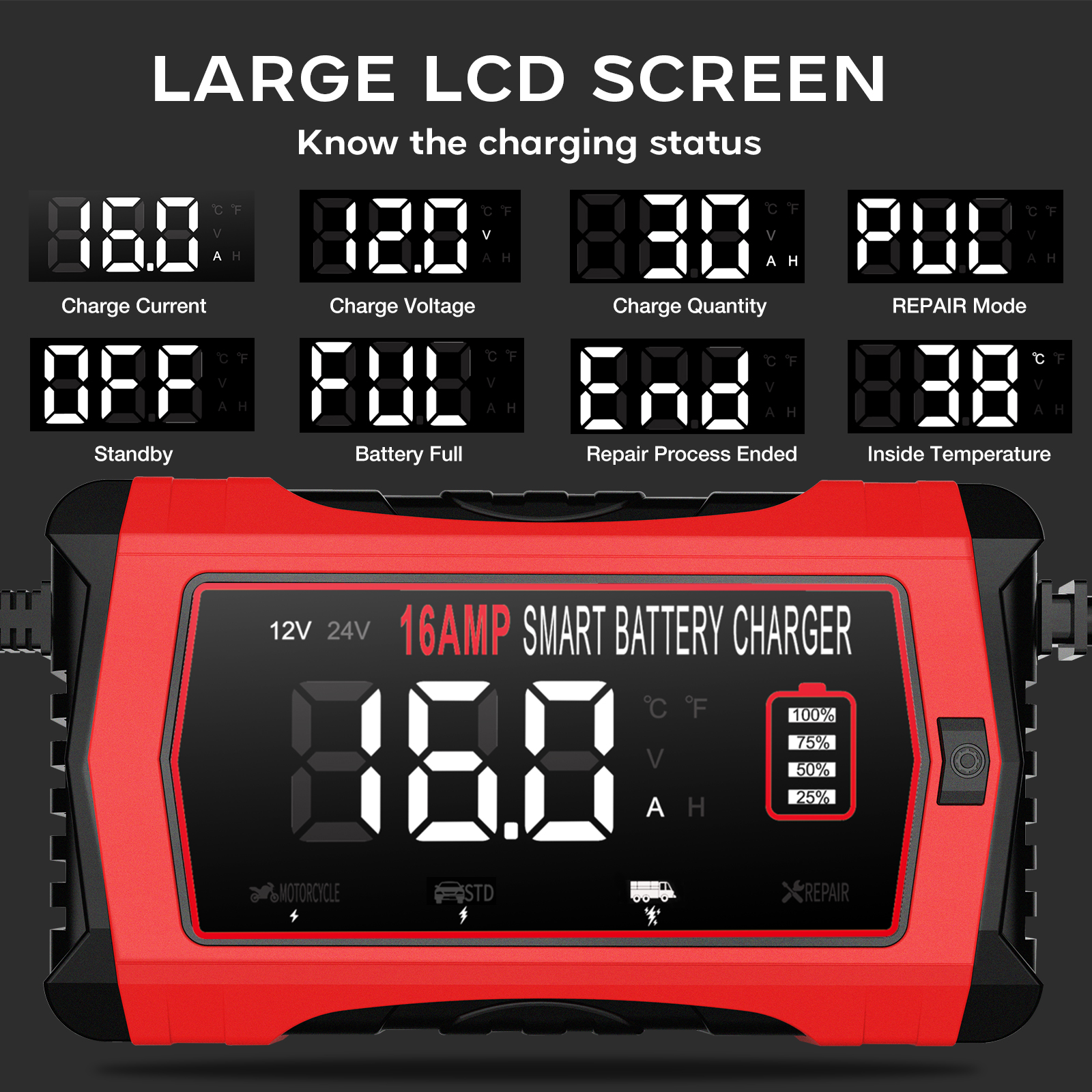 Caricabatteria per auto di riparazione universale 12V 16A 24V/10A Caricatore per moto di riparazione intelligente per batteria al piombo AGM gel LiFePO4