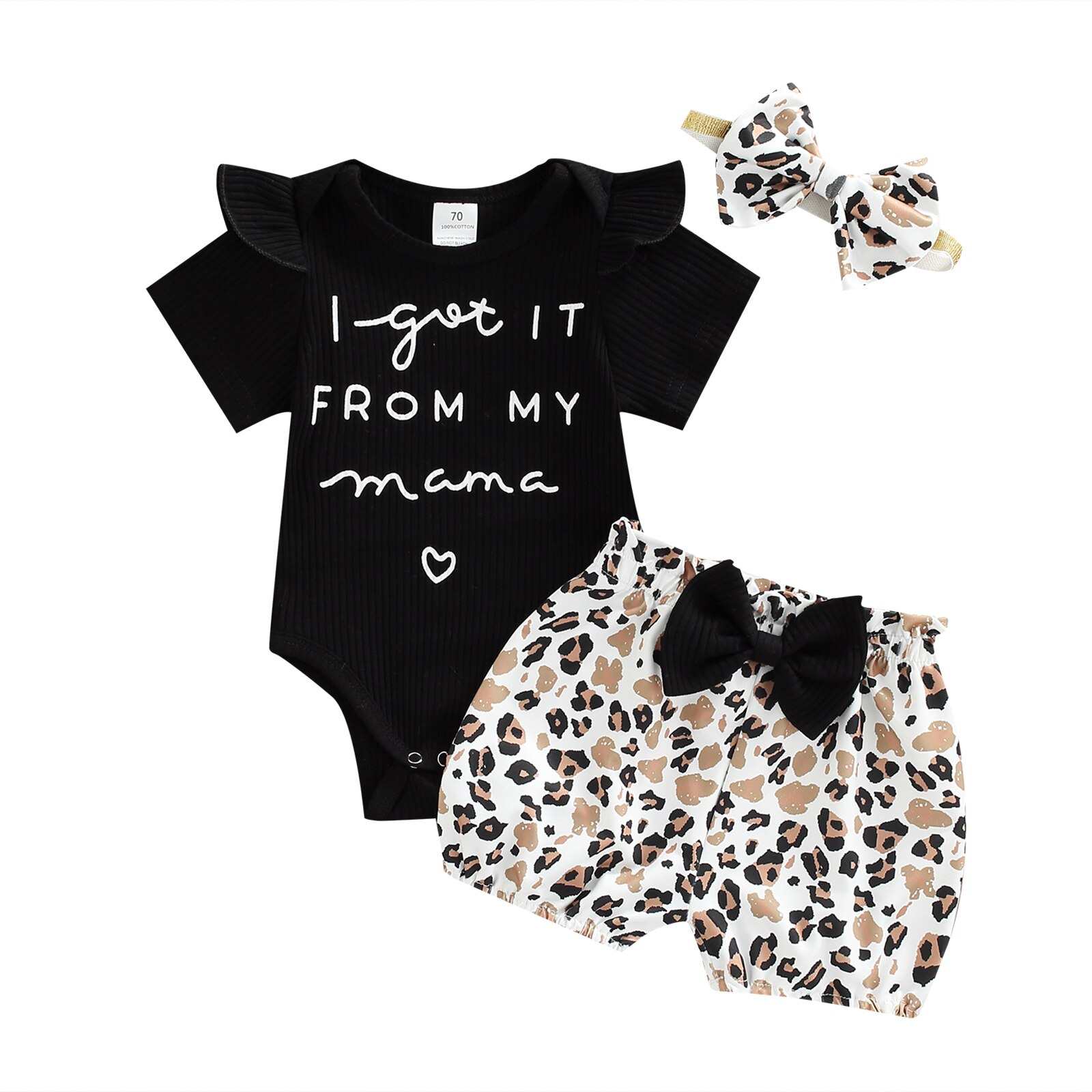 Ensemble de vêtements d'été pour bébés filles de 0 à 18M, barboteuse à manches courtes + Short imprimé léopard/tournesol, I GOT IT FROM MY MAMA, 3 pièces, 2022: B / 18M