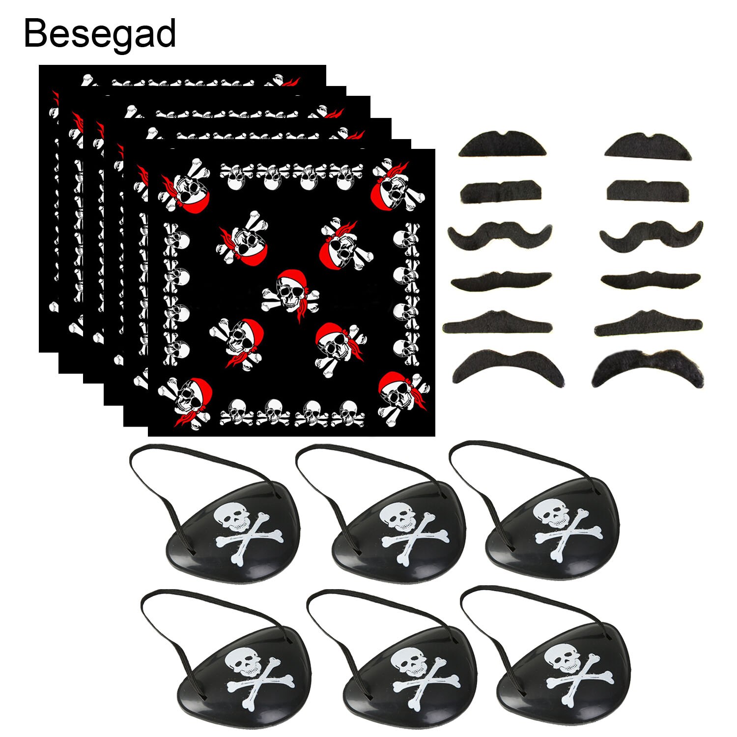 Besegad 12Stck Bärte 6Stck Kopftuch 6Stck Augenklappe Piraten Kapitän Kostüm Zubehör Liefert für Halloween Party Maskerade Spielzeug