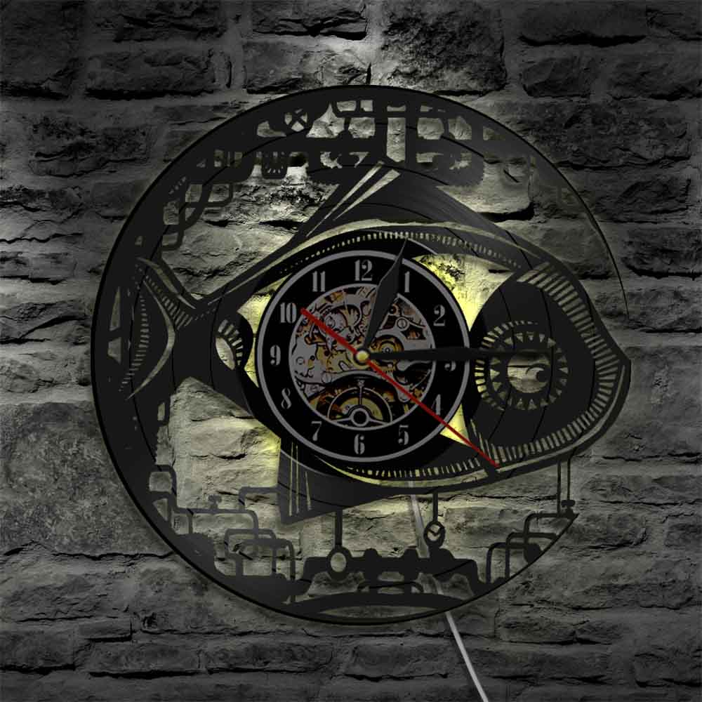 Jahrgang Steampunk Roboter Fisch Wanduhr Mechanische Fisch Schallplatte LP Uhr Handgemachte Moderne Zauberstab Kunst Getriebe Fisch Uhr