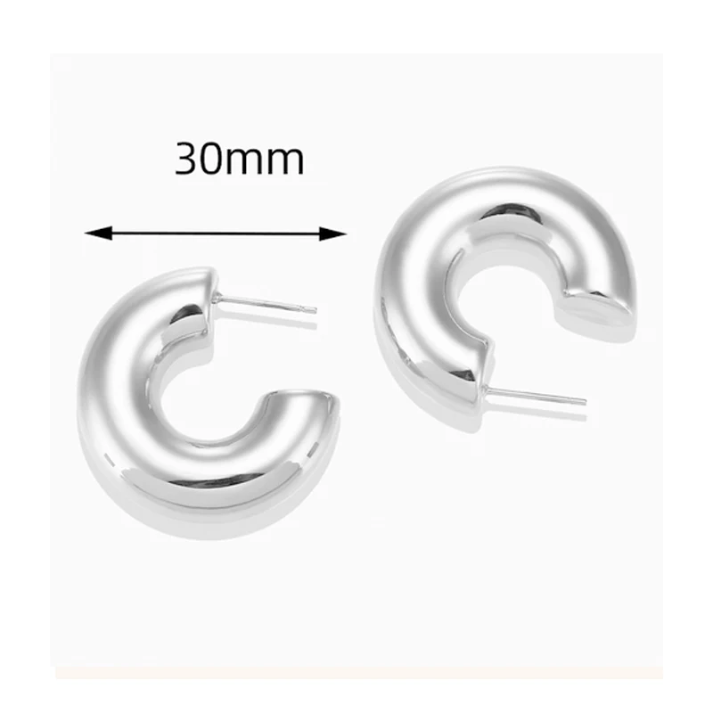 Nuevos pendientes de aro Retro de acero inoxidable con forma de C grueso, chapado en oro brillante, círculo PVD, tubo redondo, aros Huggie, joyería para oreja apilada: PLATEADO
