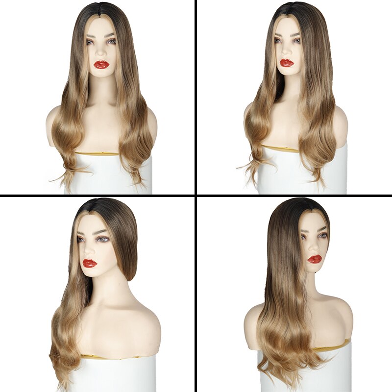 Peluca AZQUEEN largo ondulado para mujer, pelucas de pelo Natural con parte lateral, pelucas sintéticas Ombre de platino/Rubio/pelucas negras resistentes al calor para mujer