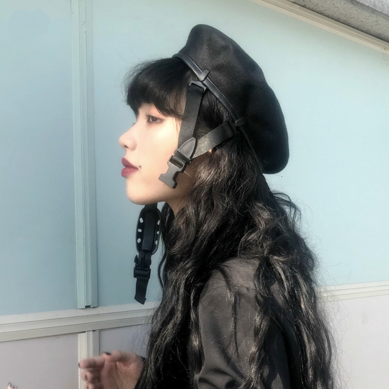 Harajuku Fibbia Regolabile Donna Berretti Neri di Modo di Autunno di Inverno Della Ragazza del Cappello Pittore