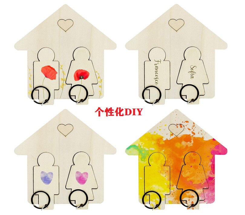 LM Solid Wooden Key Holder DIY Wall Hanging Wood House Shape Wall Hanging Car Keys Wall Decoration Valentine's Day