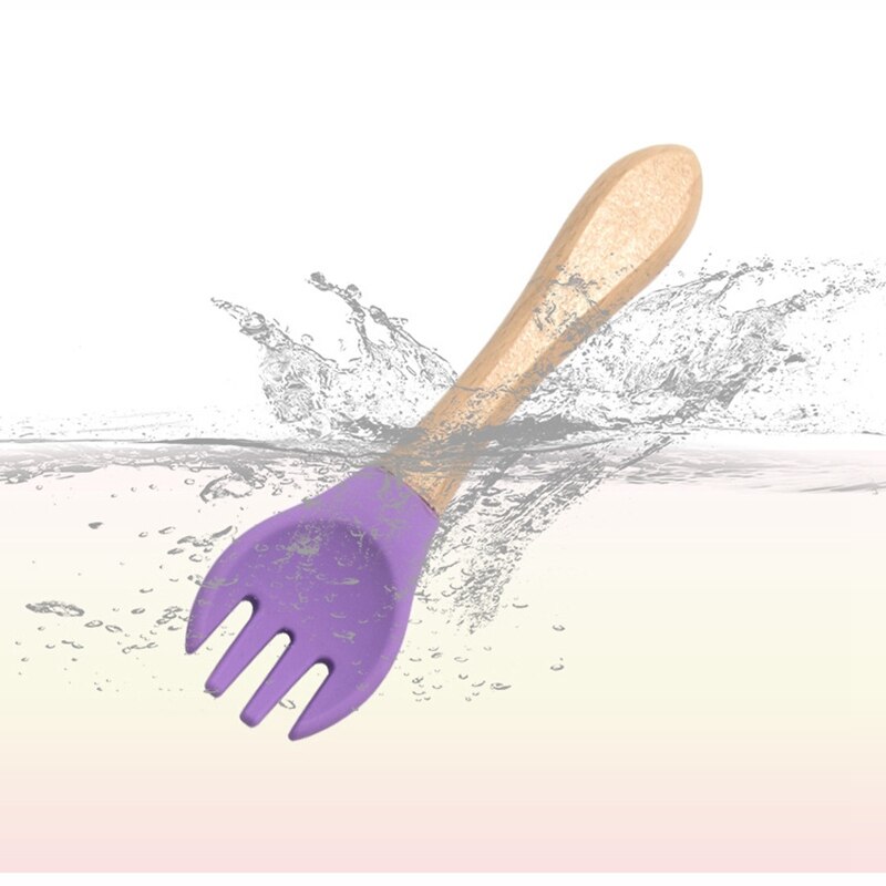 Hurtownia niemowlę silikonowy widelec ekologiczny widelec dla dzieci łatwe robić czyszczenia łyżka dla dzieci z drewnianym uchwytem prezent dla dziecka dla dzieci