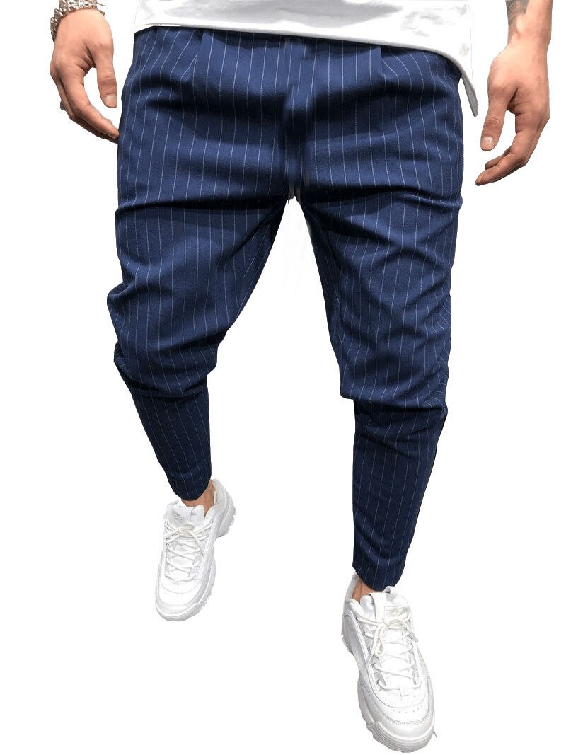 Herrbyxor stretch joggingbyxor smala raka ben rutiga kostymbyxor man solid casual hatt byxor kläder: Kungsblå / L