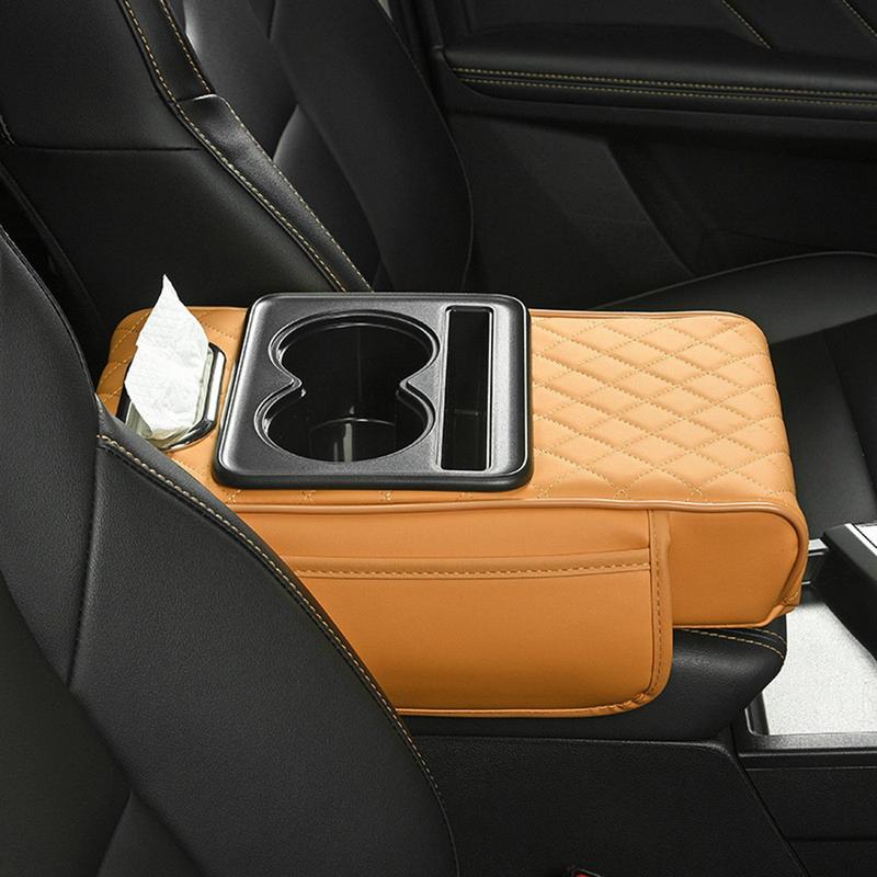 Coussin d'accoudoir de Console centrale automatique, avec 2 porte-gobelets, support de téléphone, coussin d'accoudoir en cuir PU, oreiller Portable pour voiture, coussin de hauteur