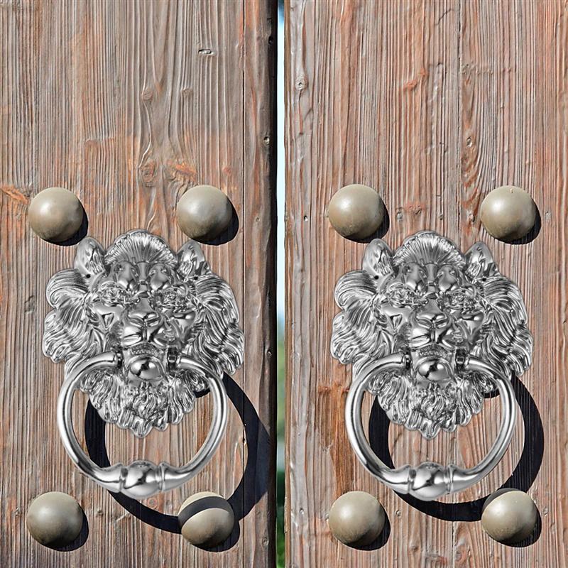 Antique Lion Head Door Knocker Front Door Handle Silver Tone Pull Ring Door Knocker